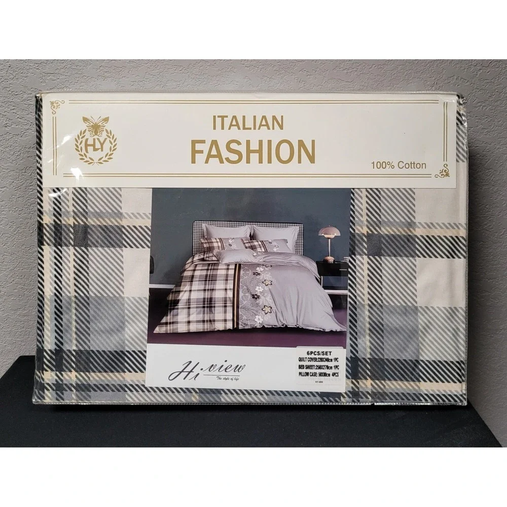 Italian Fashion Queen Size Duvet Cover Set 6 Pc Design #HY-888 Gray Floral/Plaid